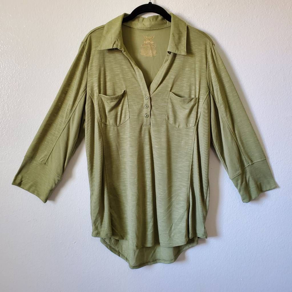 Faded Glory Womens XL Popover Top Green 3/4 Sleeve Pockets High Low Round Hem